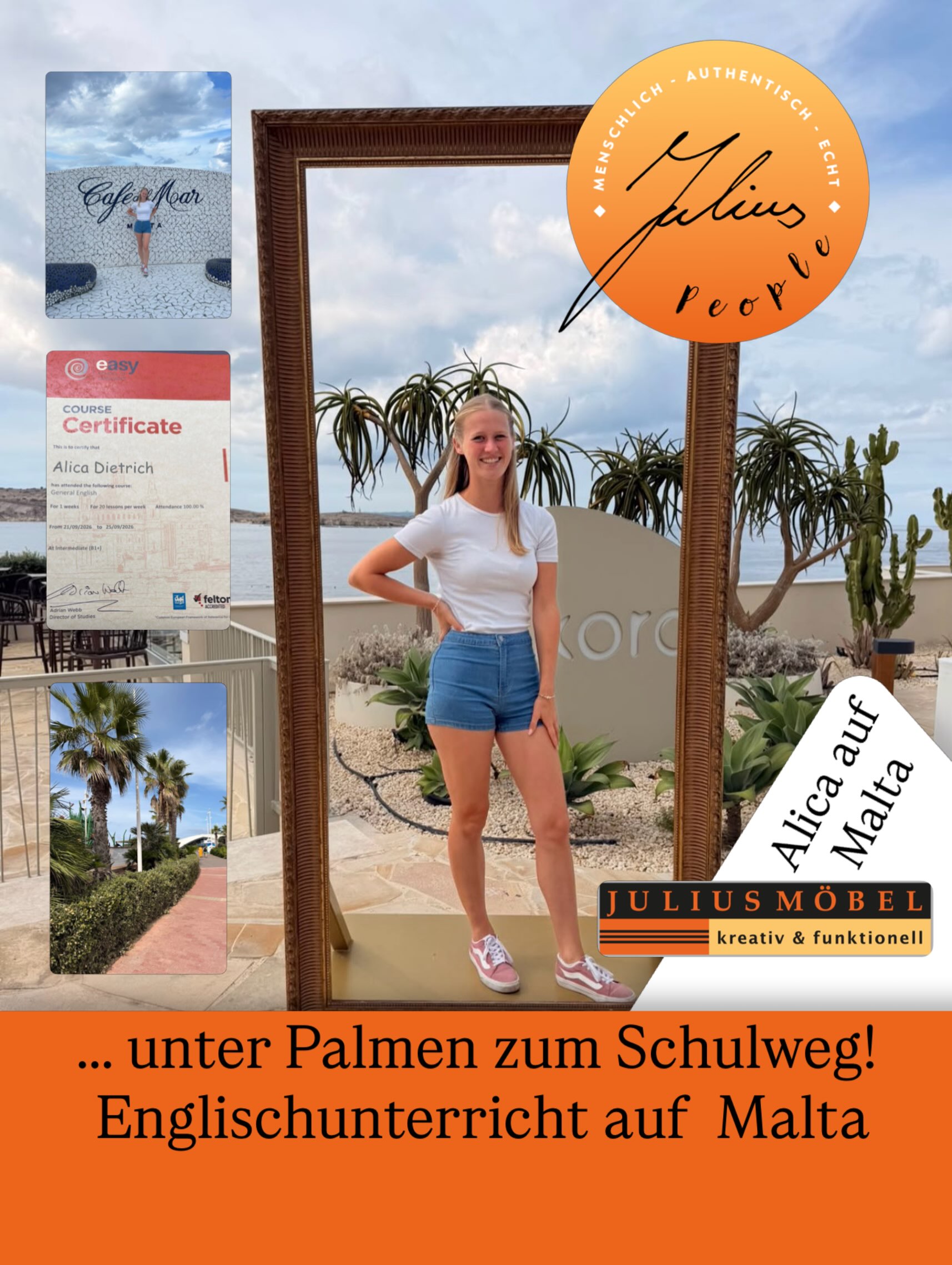 Eine junge Frau in einem weißen Oberteil und rosa Shorts steht im Freien in einem großen Bilderrahmen, im Hintergrund sind Palmen, Wasser und eine Terrasse zu sehen. Sie ist von deutschen Texten und Bildern zum Thema „Englisch lernen auf Malta“ umgeben.